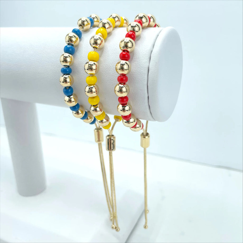 18k Gold Filled Beads Red Blue or Yellow Adjustable Bracelet
