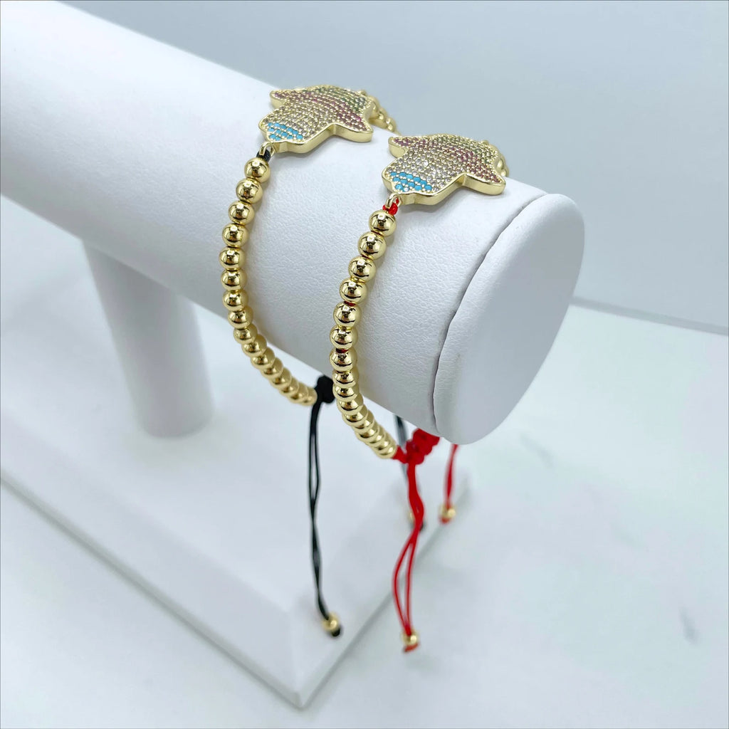 18k Gold Filled Beaded Red or Black  Hamsa Hand Adjustable Bracelet