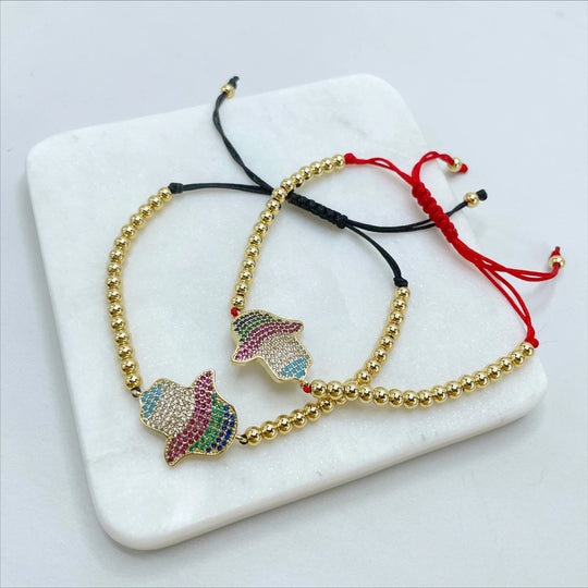 18k Gold Filled Beaded Red or Black  Hamsa Hand Adjustable Bracelet