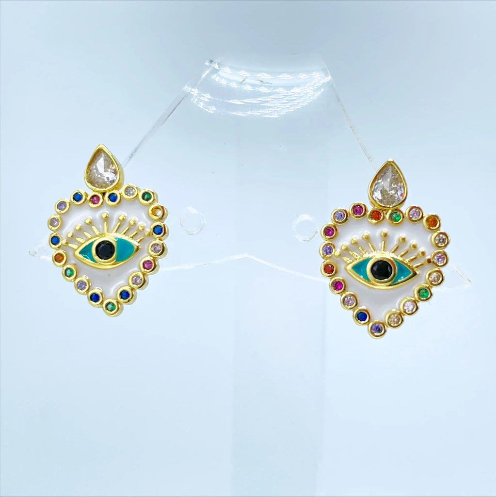 18k Gold Filled Colored Micro CZ and Enamel Evil Eyes Heart Shape Set