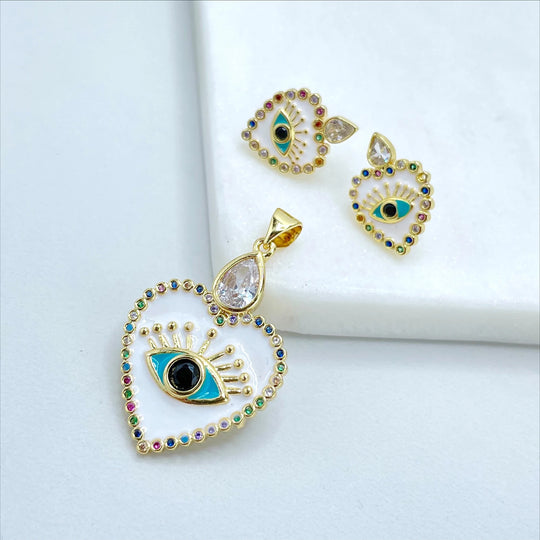 18k Gold Filled Colored Micro CZ and Enamel Evil Eyes Heart Shape Set