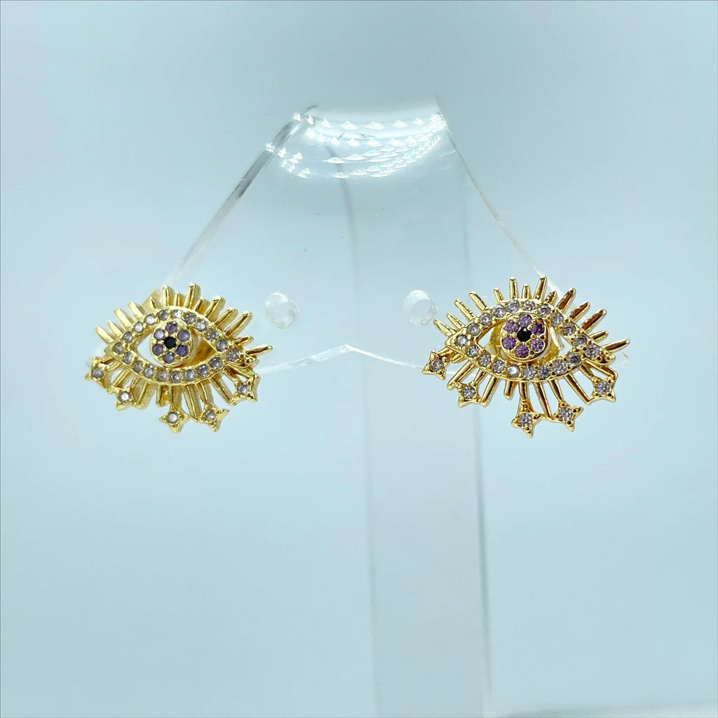 18k Gold Filled Micro CZ Evil Eye with Stars Pendant & Earrings Set