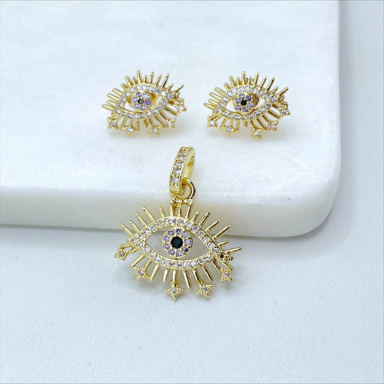 18k Gold Filled Micro CZ Evil Eye with Stars Pendant & Earrings Set