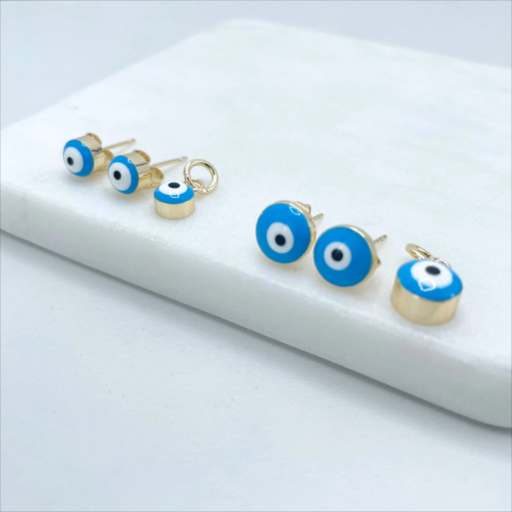 18k Gold Filled Blue Enamel Evil Eye Stud Earrings and Charms Set
