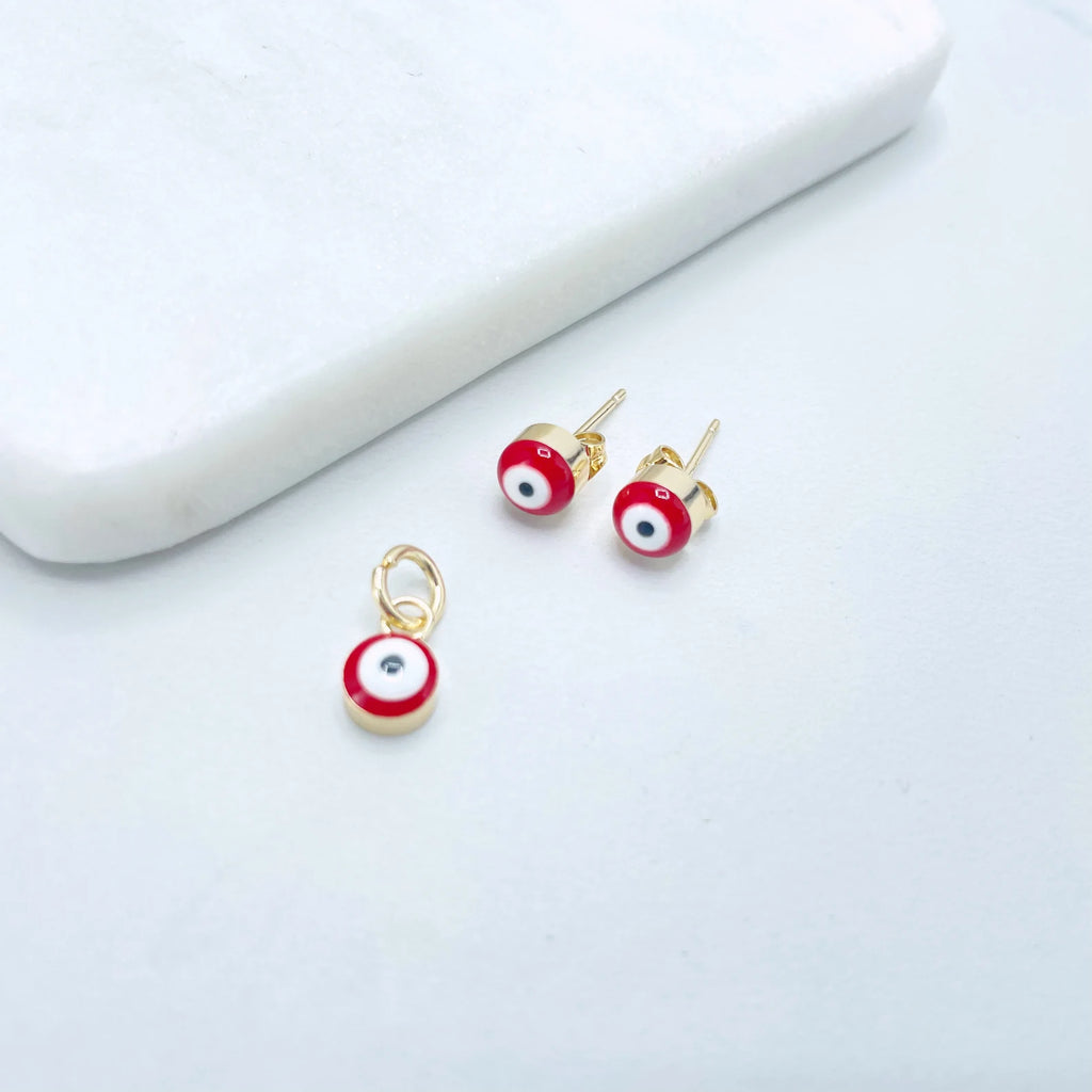 18k Gold Filled Red Enamel Evil Eye Stud Earrings and Charms Set