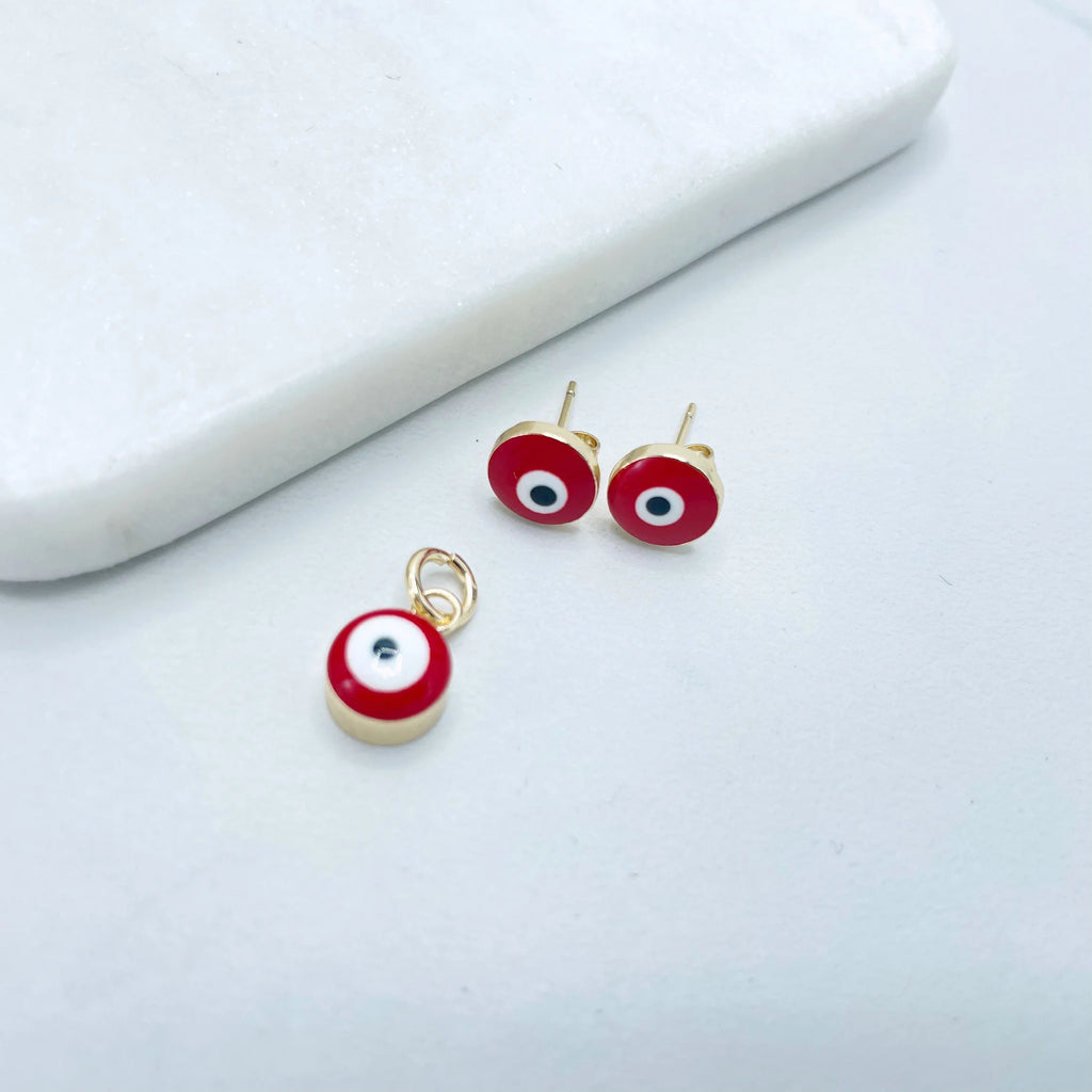 18k Gold Filled Red Enamel Evil Eye Stud Earrings and Charms Set