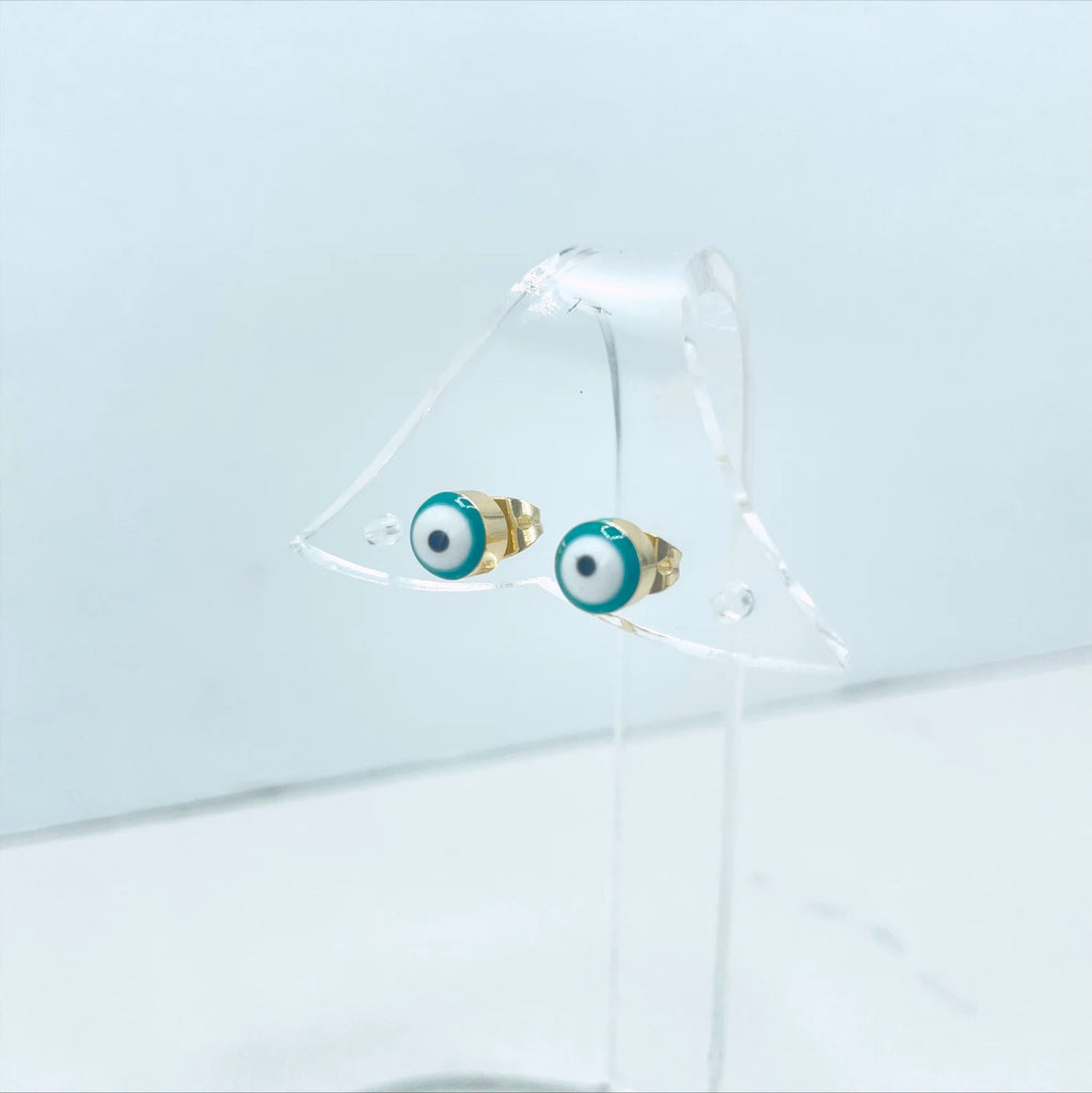 18k Gold Filled Green Enamel Evil Eye Stud Earrings and Charms Set