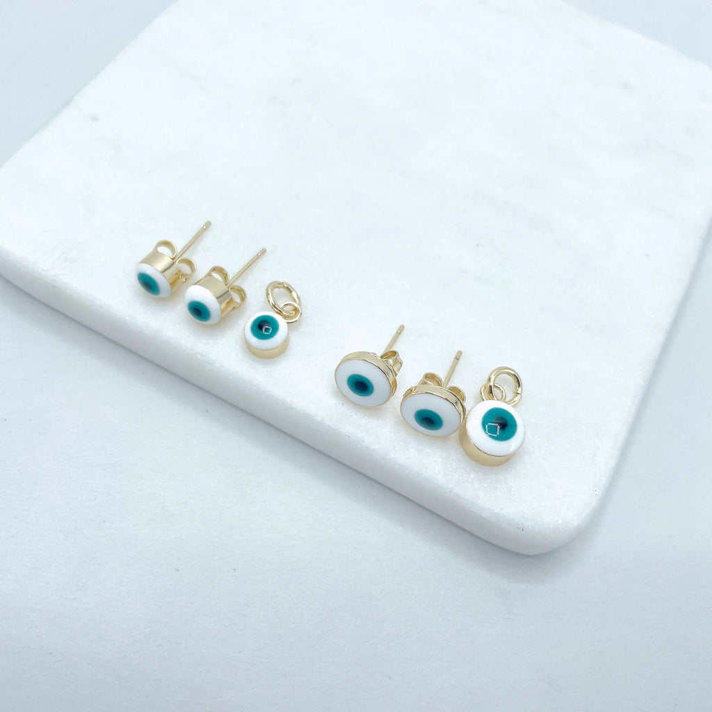 18k Gold Filled Green and White Enamel Evil Eye Stud Earrings and Charms Set