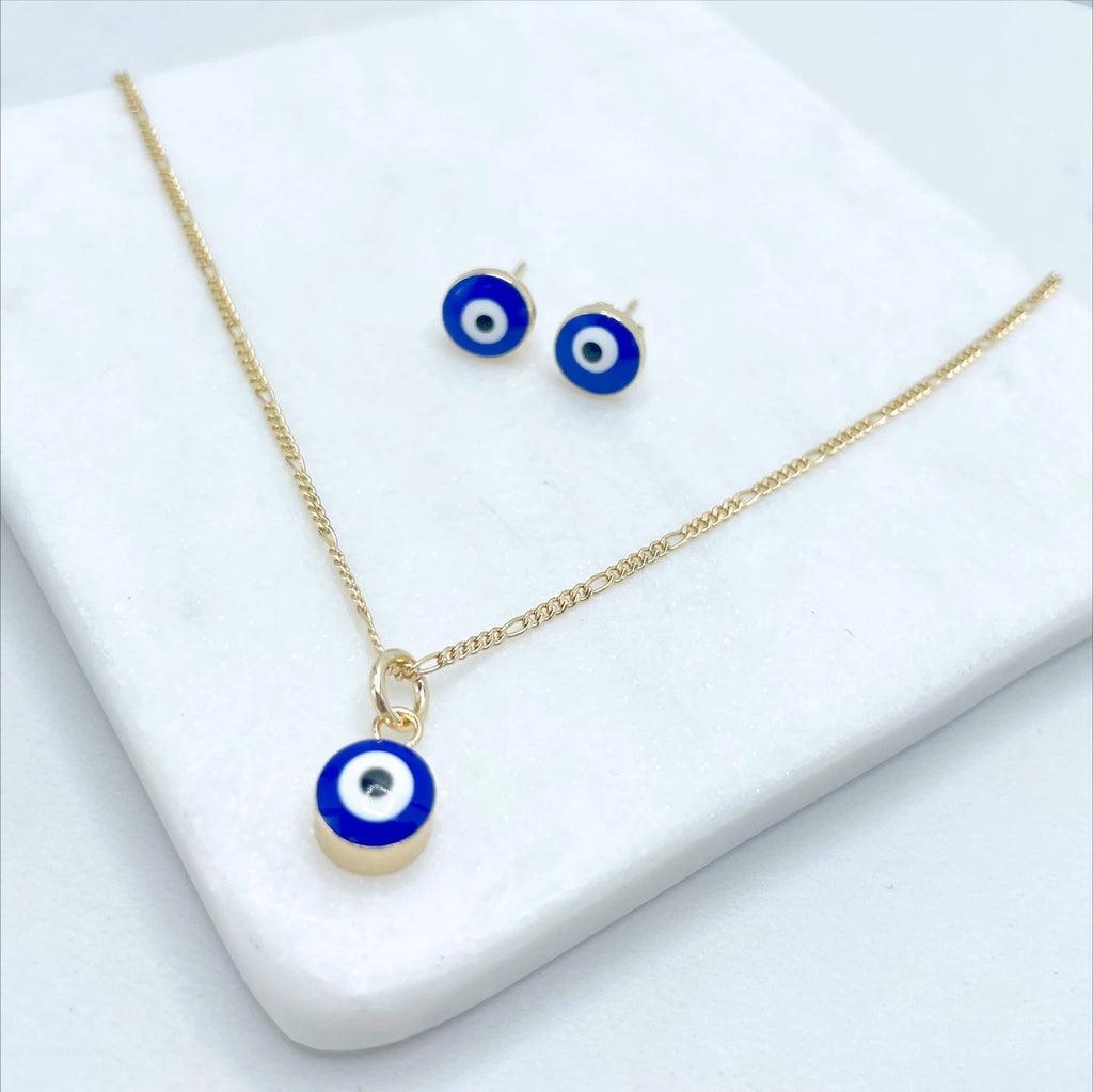 18k Gold Filled Blue Evil Eyes Stud Earrings, Charms and Figaro Chain Set