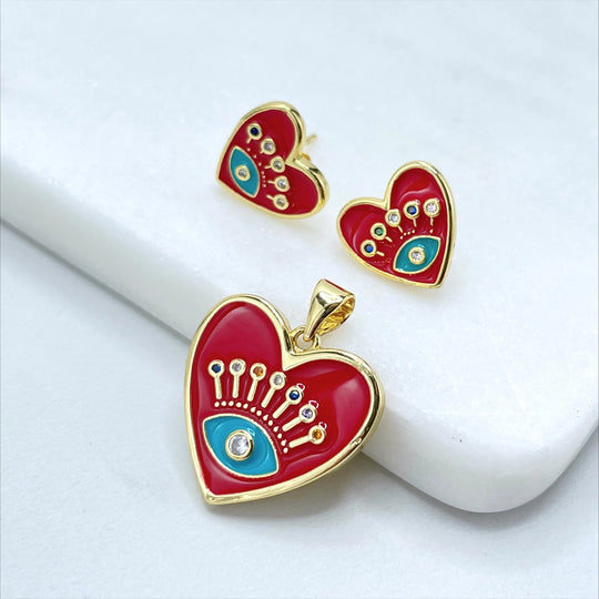 18k Gold Filled Colored Micro CZ and Enamel Evil Eye Heart Shape Set