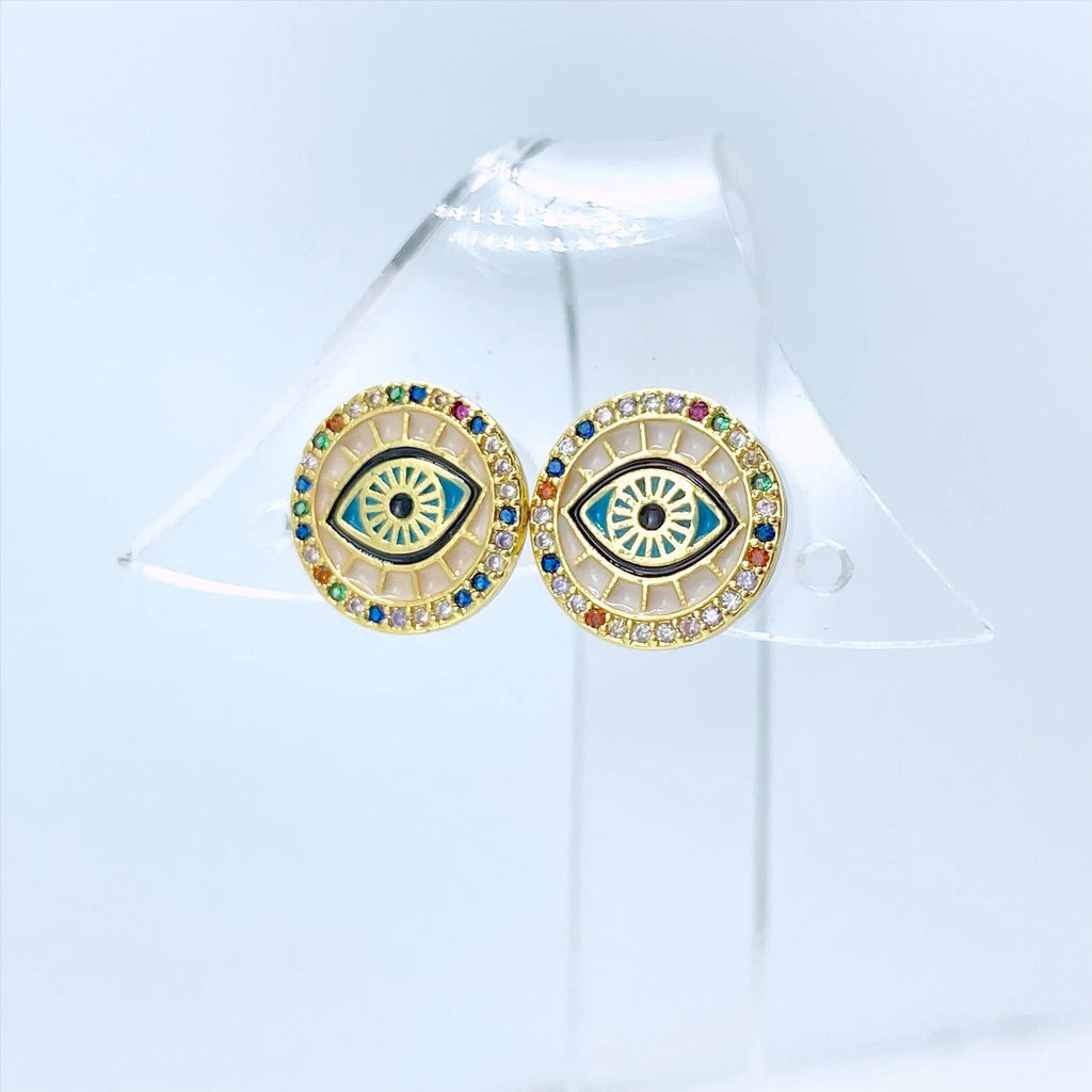 18k Gold Filled Colored Micro CZ and Enamel Evil Eyes Circle Shape Set
