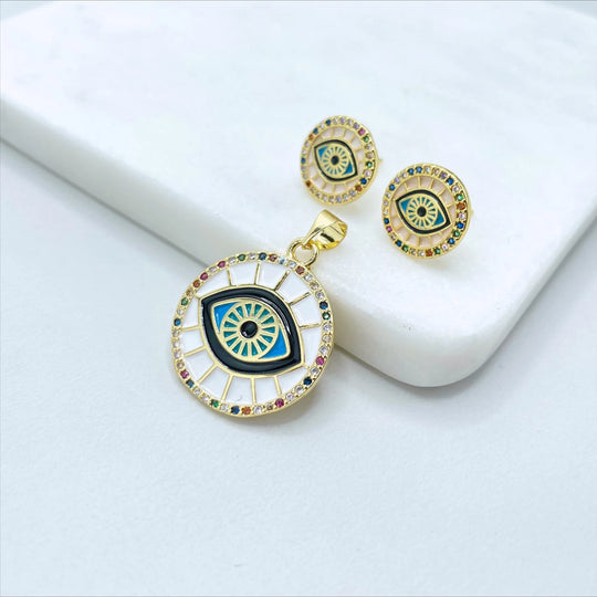 18k Gold Filled Colored Micro CZ and Enamel Evil Eyes Circle Shape Set