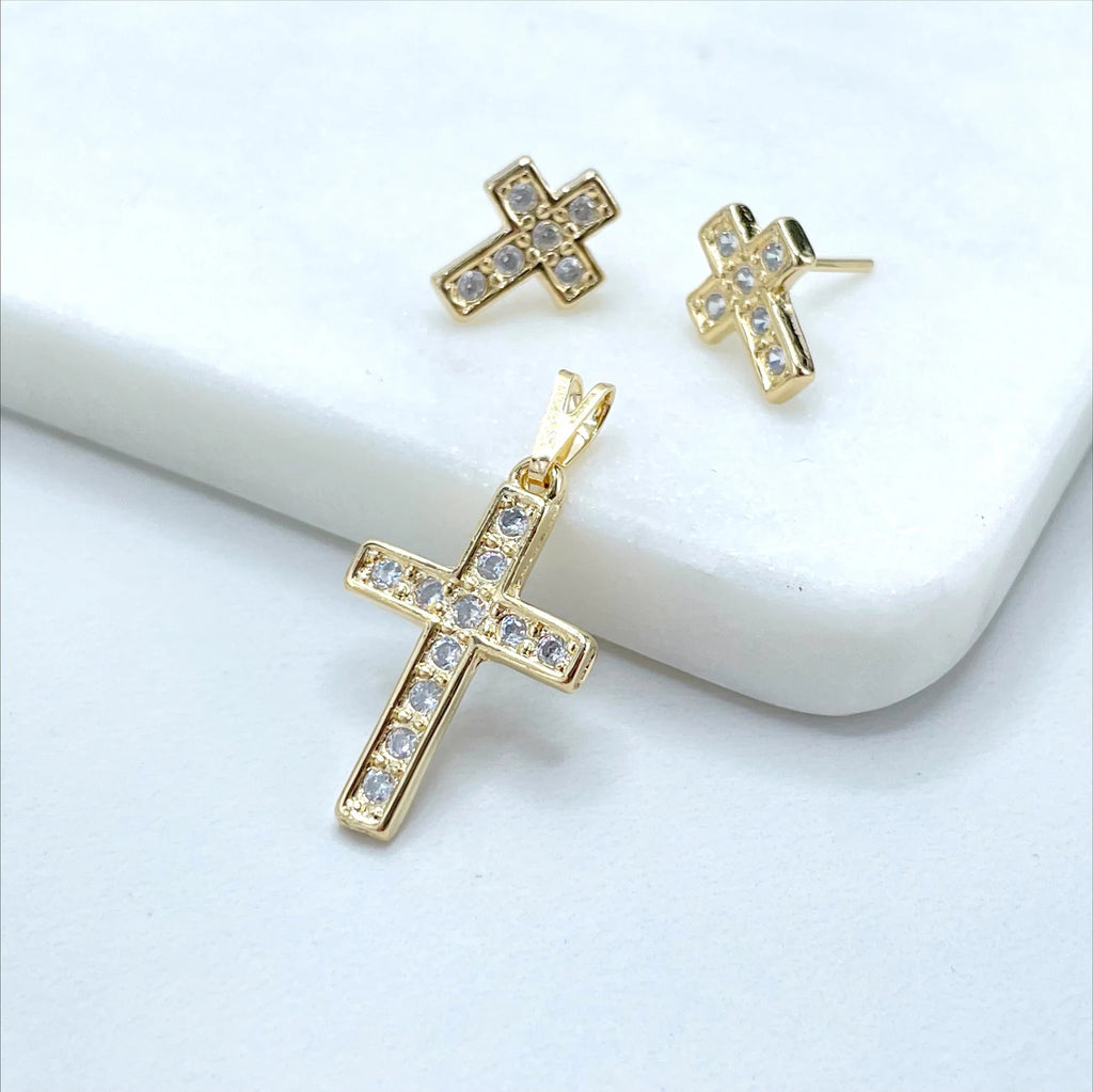 18k Gold Filled Cubic Zirconia Cross Shape Pendant and Earrings Set