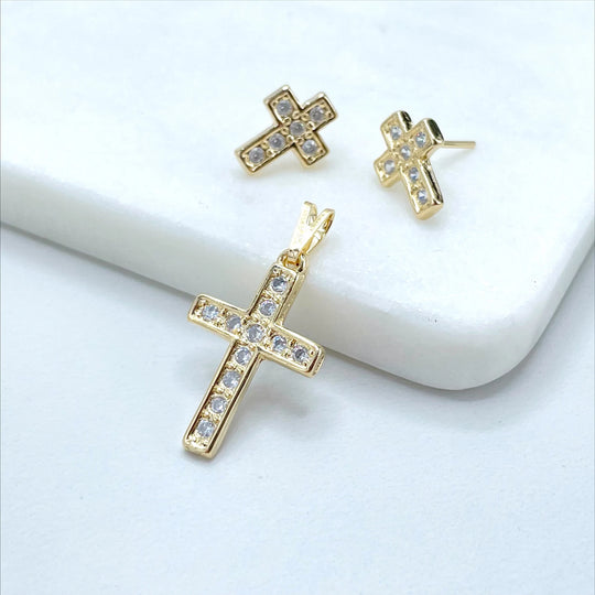 18k Gold Filled Cubic Zirconia Cross Shape Pendant and Earrings Set