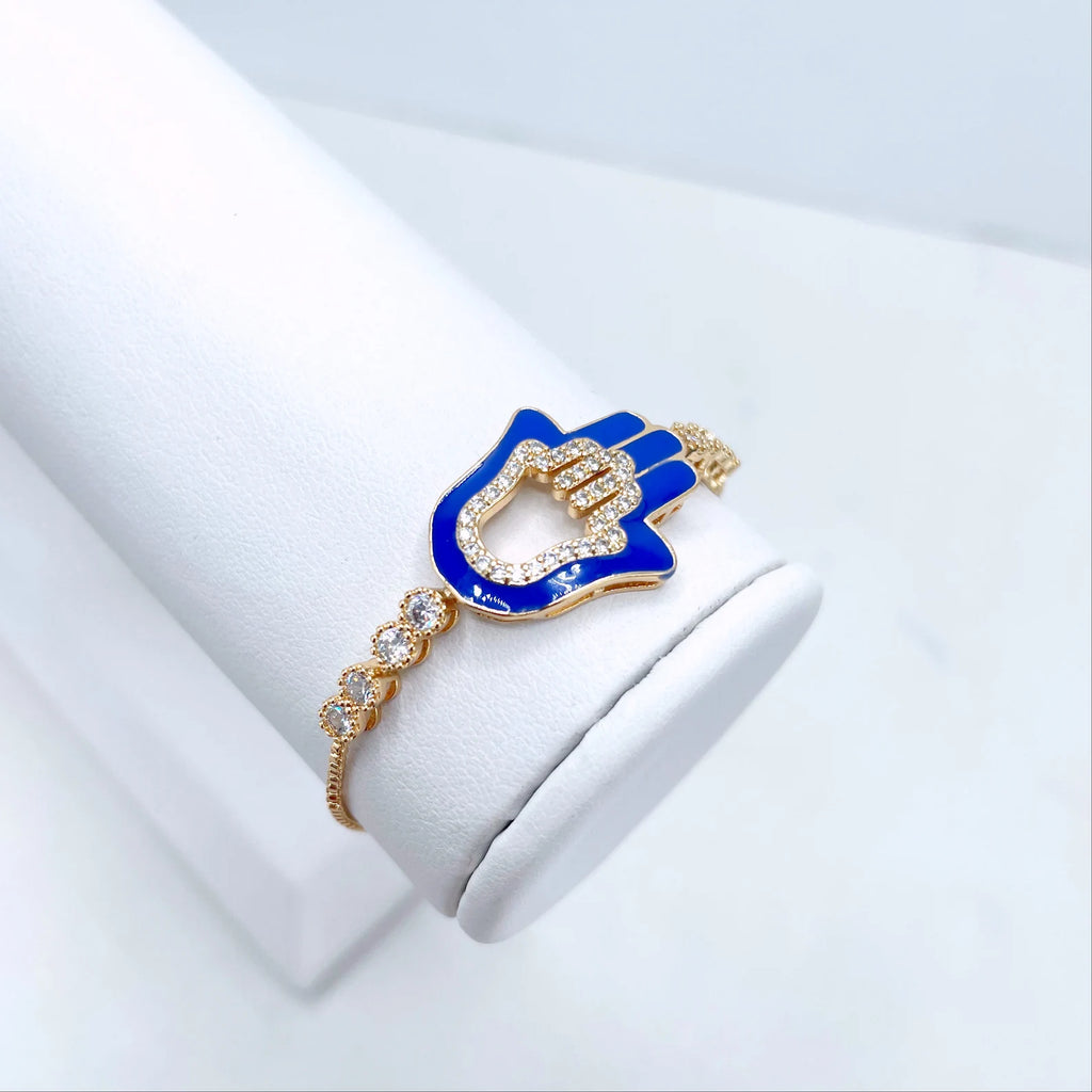 18k Gold Filled Blue Hamsa Hand Adjustable Bracelet