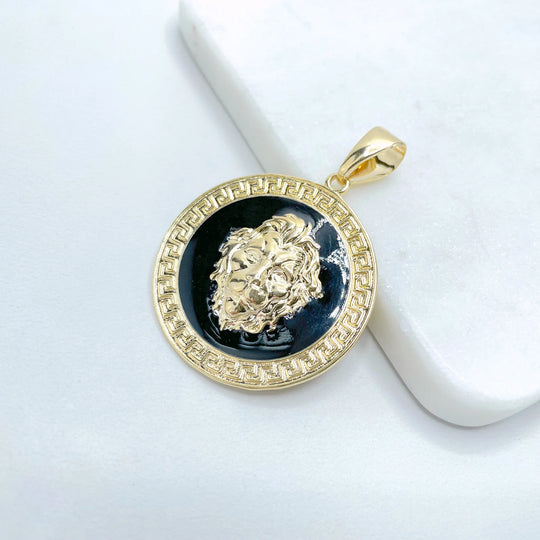 18k Gold Filled Black Enamel Lion Face Medal Pedant
