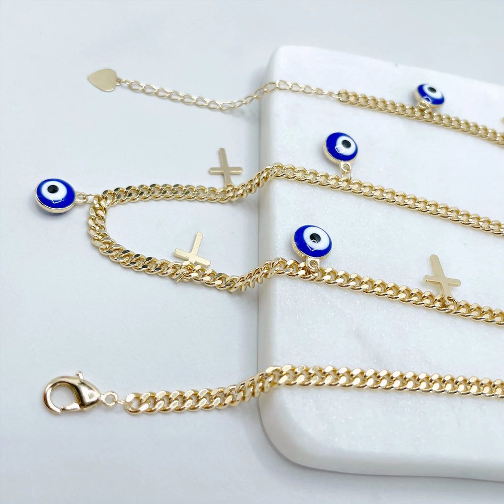 18k Gold Filled Curb Link Blue Evil Eye Cross Necklace