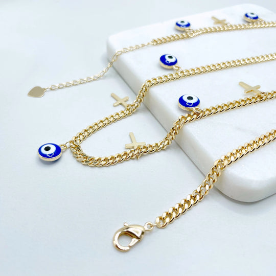 18k Gold Filled Curb Link Blue Evil Eye Cross Necklace