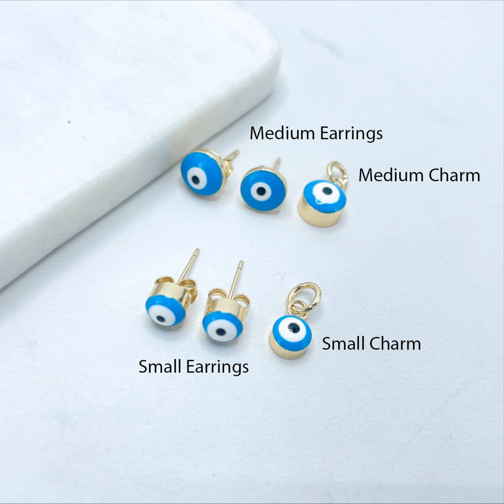 18k Gold Filled Blue Enamel Evil Eye Stud Earrings and Charms Set