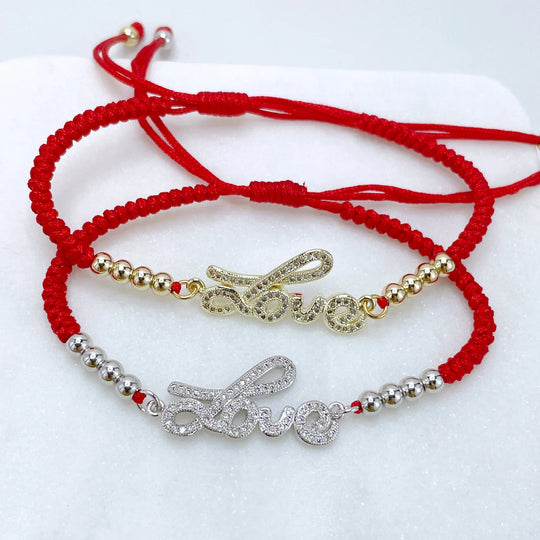 18k Gold or Silver Filled Beaded & Red Adjustable Love Bracelet