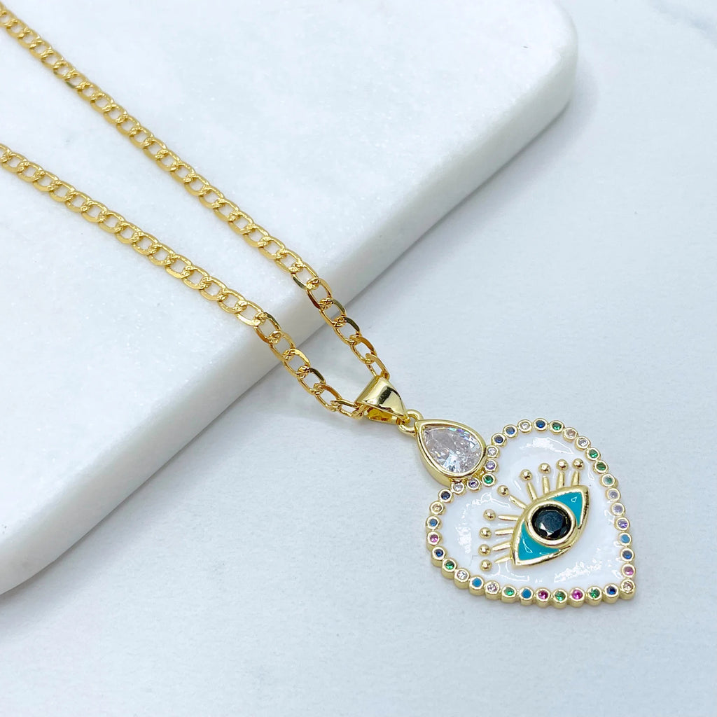 18k Gold Filled Colored Micro CZ and Enamel Evil Eyes Heart Shape Set
