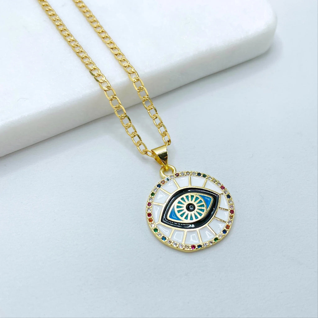 18k Gold Filled Colored Micro CZ and Enamel Evil Eyes Circle Shape Set