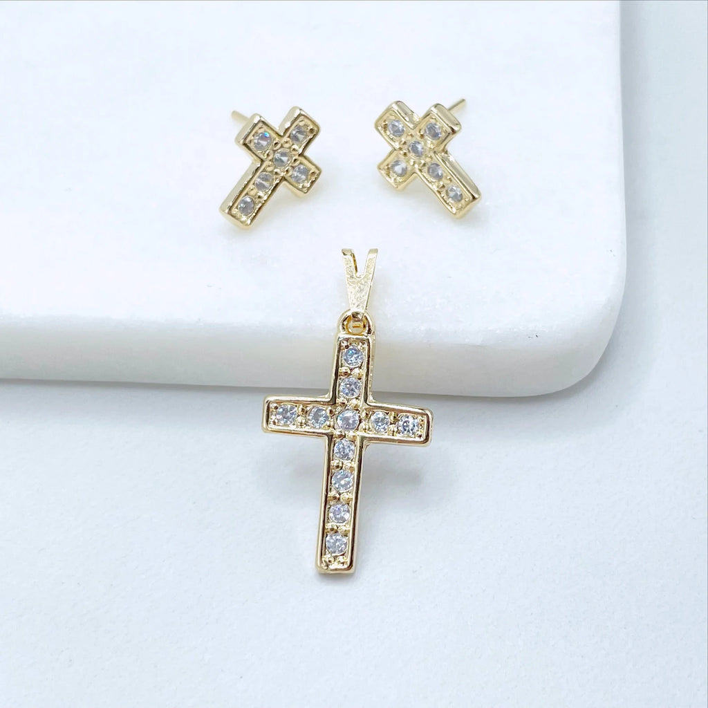 18k Gold Filled Cubic Zirconia Cross Shape Pendant and Earrings Set