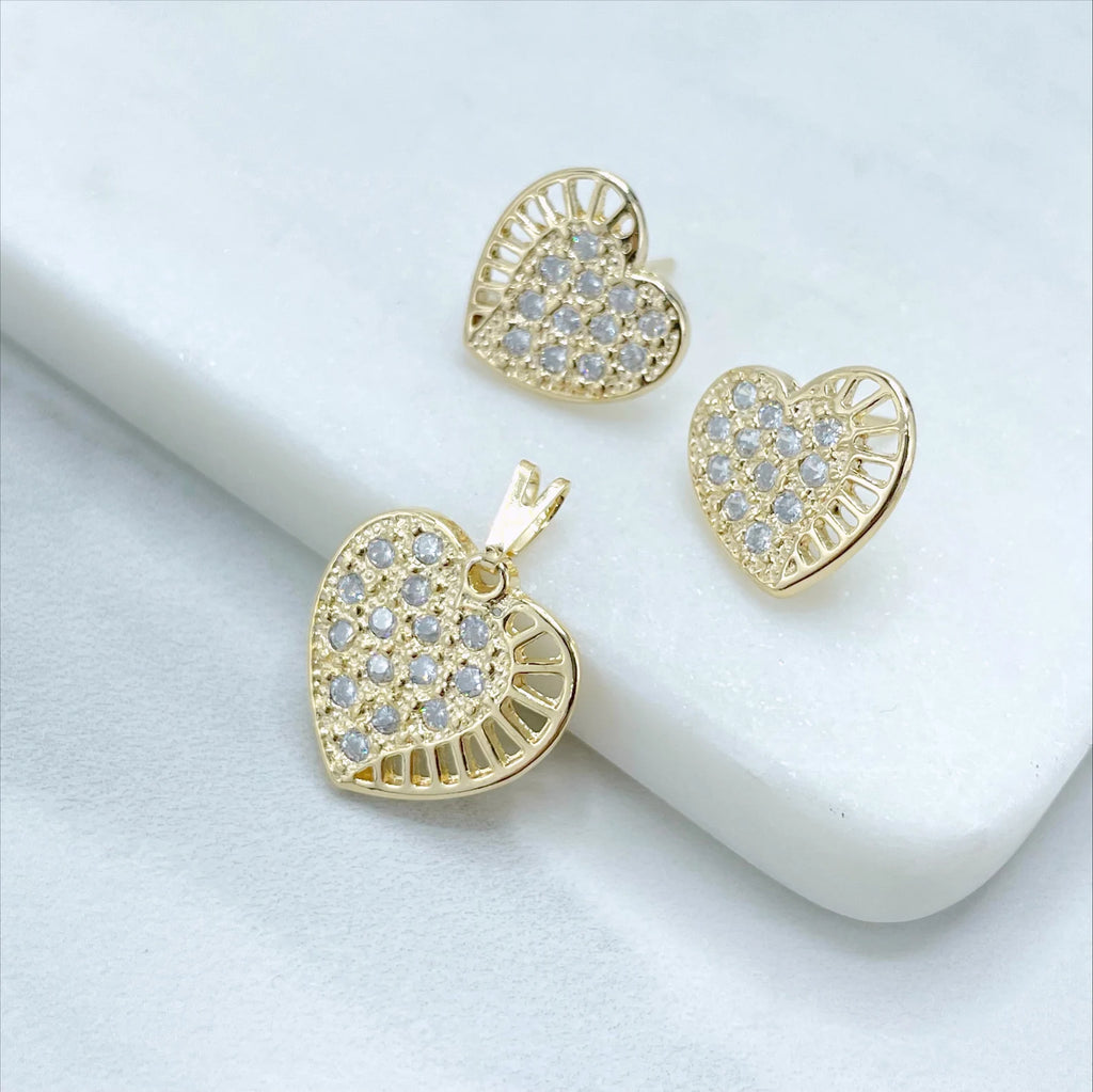 18k Gold Filled Cubic Zirconia Heart Stud Earrings & Pendant Charms