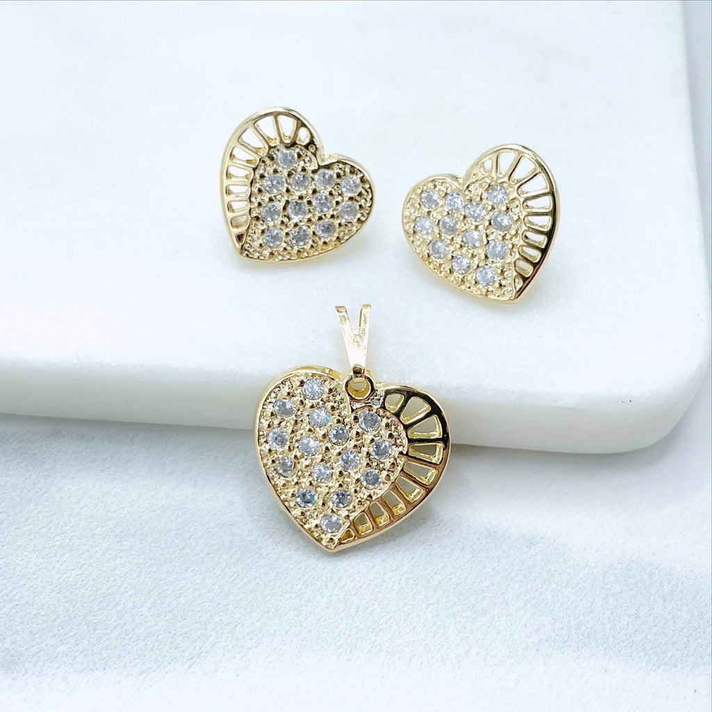 18k Gold Filled Cubic Zirconia Heart Stud Earrings & Pendant Charms