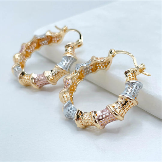 18k Gold Filled Three Tone 34mm Bamboo Design Hoop Earrings