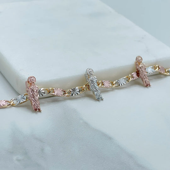 18k Gold Filled Three Tone Mariner Link & San Judas Tadeo Bracelet