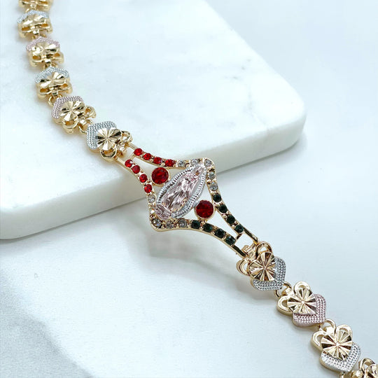 18k Gold Filled Three Tone Mexico Flag Cubic Zirconia Guadalupe Virgin Bracelet