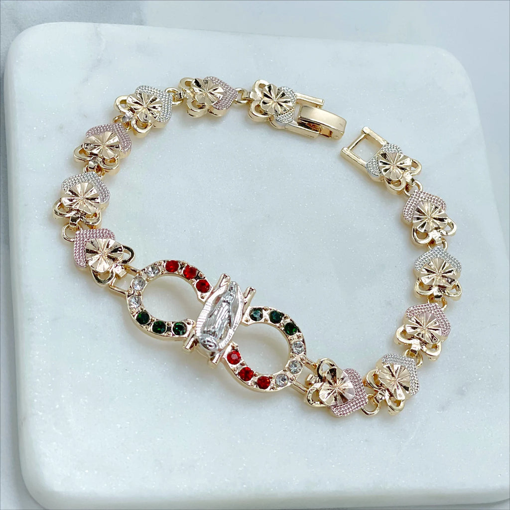 18k Gold Filled Three Tone Mexico Flag Cubic Zirconia Guadalupe Bracelet