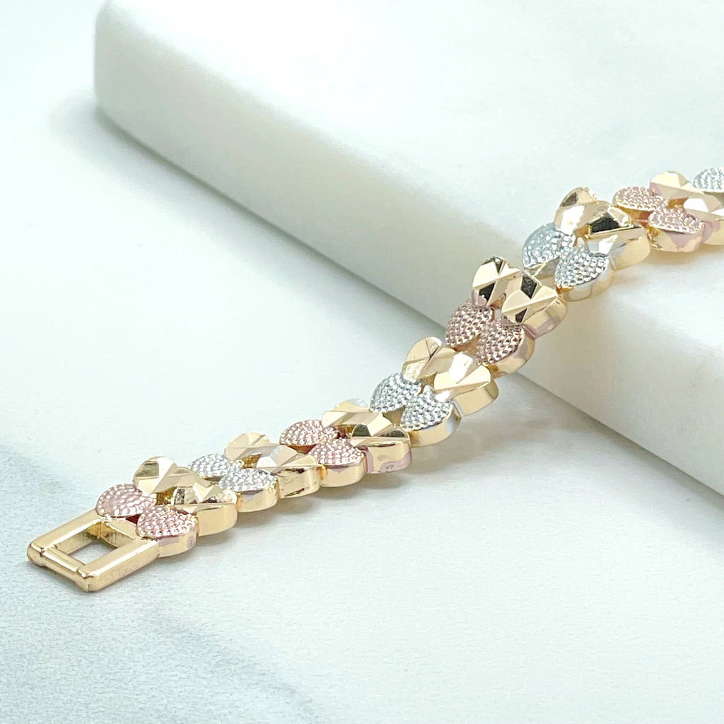 18k Gold Filled Three Tone Texturized Hearts Bracelet