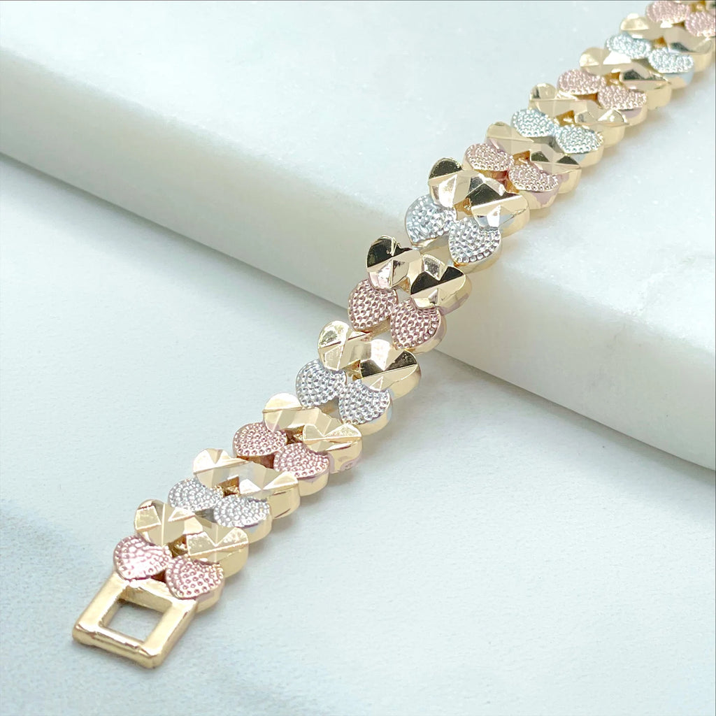 18k Gold Filled Three Tone Texturized Hearts Bracelet