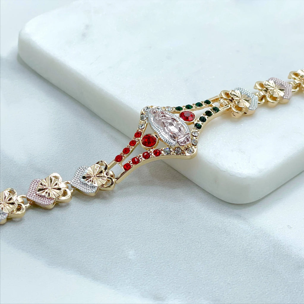 18k Gold Filled Three Tone Mexico Flag Cubic Zirconia Guadalupe Virgin Bracelet