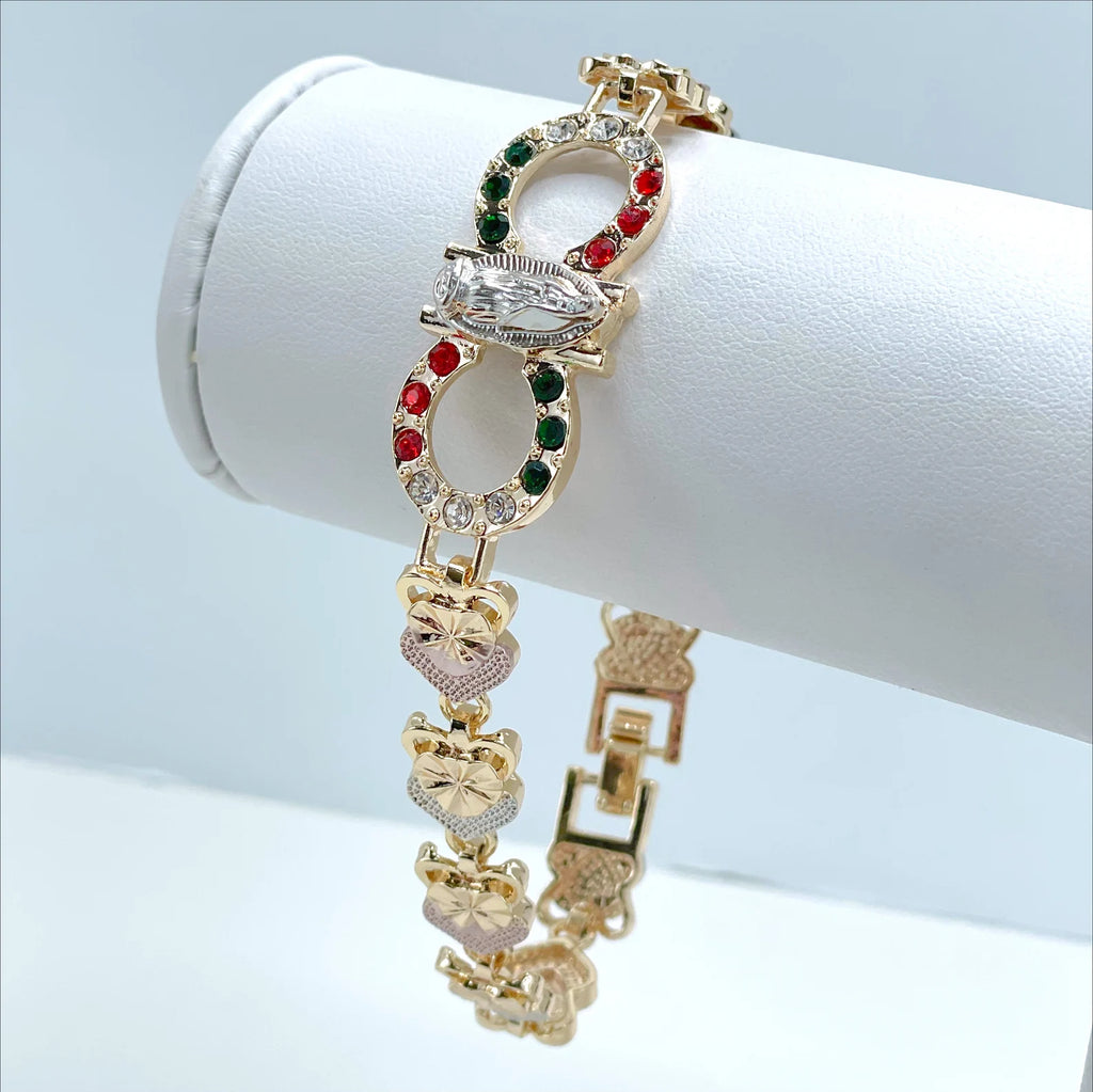 18k Gold Filled Three Tone Mexico Flag Cubic Zirconia Guadalupe Bracelet