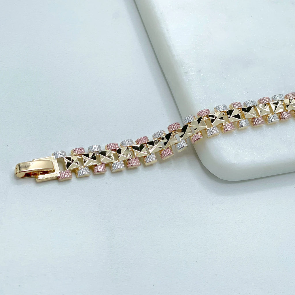 18k Gold Filled Three Tone Texturized Square Bracelet