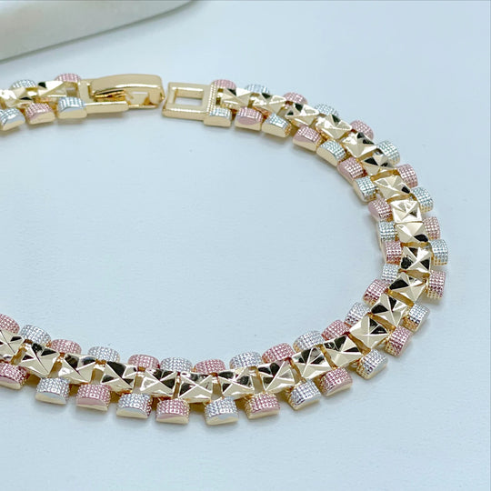18k Gold Filled Three Tone Texturized Square Bracelet