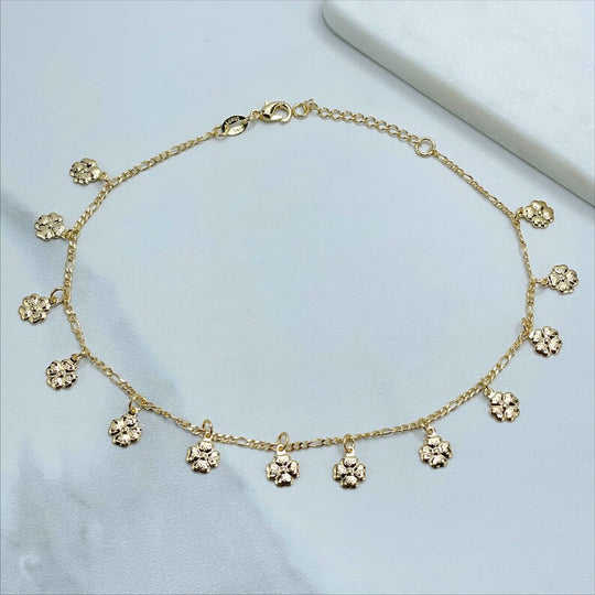 18k Gold Filled 2mm Figaro Link, Flowers Charms Anklet