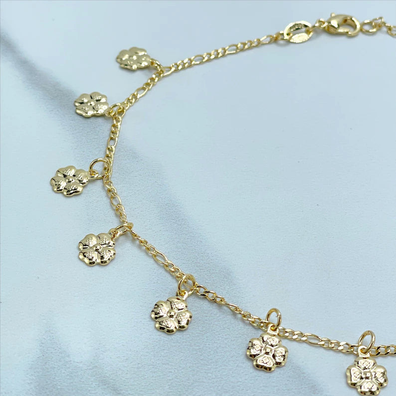 18k Gold Filled 2mm Figaro Link, Flowers Charms Anklet