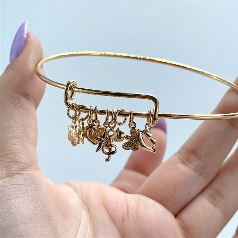 18k Gold Filled with C Zirconia, Flower, Heart, Ribbon, Music Sign, Lips, Butterfly, Star Charms, Bangle