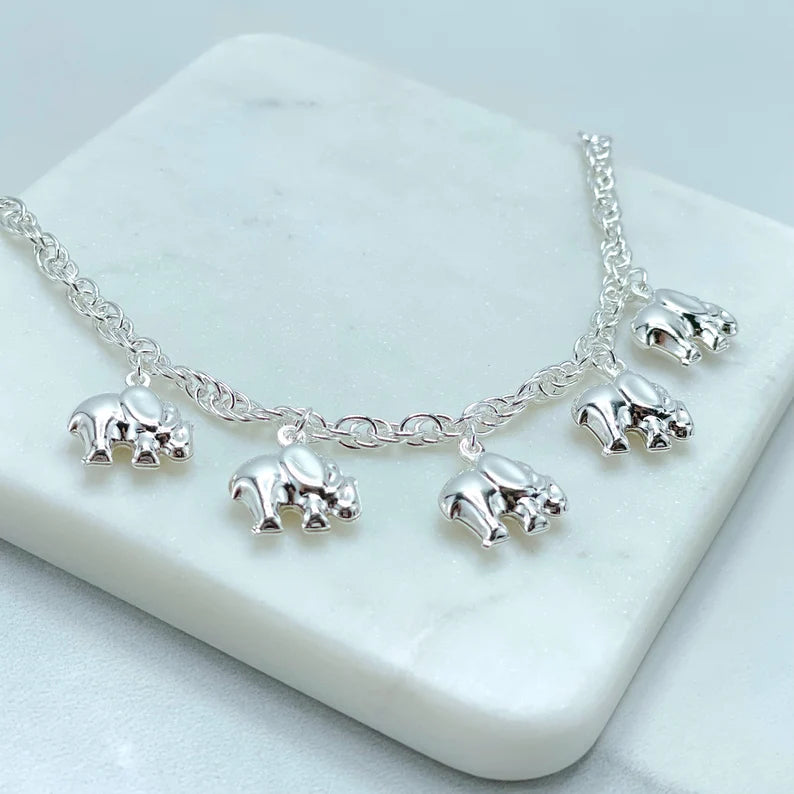 18k Silver Filled 4mm Rolo Singapore Chain with 3d Puffed Elephants Charms Bracelet, Lucky & Protection