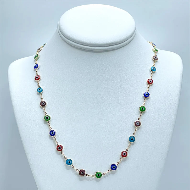 18k Gold Filled Fancy Colorful Greek Eyes Necklace and Earrings Set