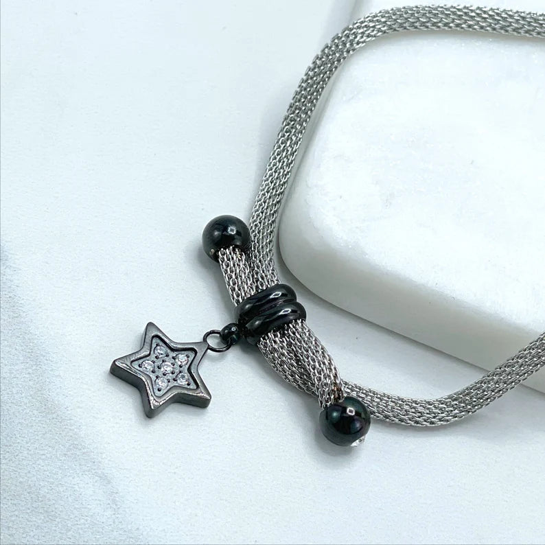 18k God filled Rhodium Plated Spiral Link, with Black Star, Adjustable Bracelet