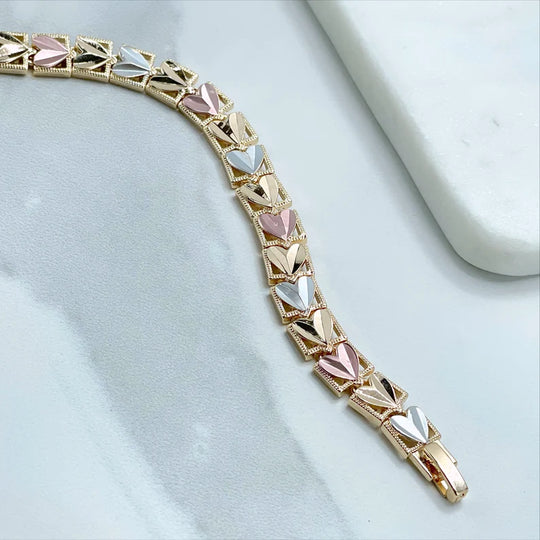 18k Gold Filled Three Tone Texturized Hearts 8 inches Bracelet