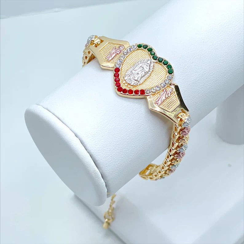 18k Gold Filled Three Tone Rose Flowers, Red, White and Green Zirconia Guadalupe Virgin