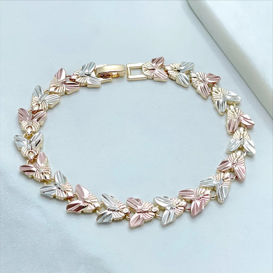 18k Gold Filled Three Tone Texturized Hearts 8 inches Bracelet