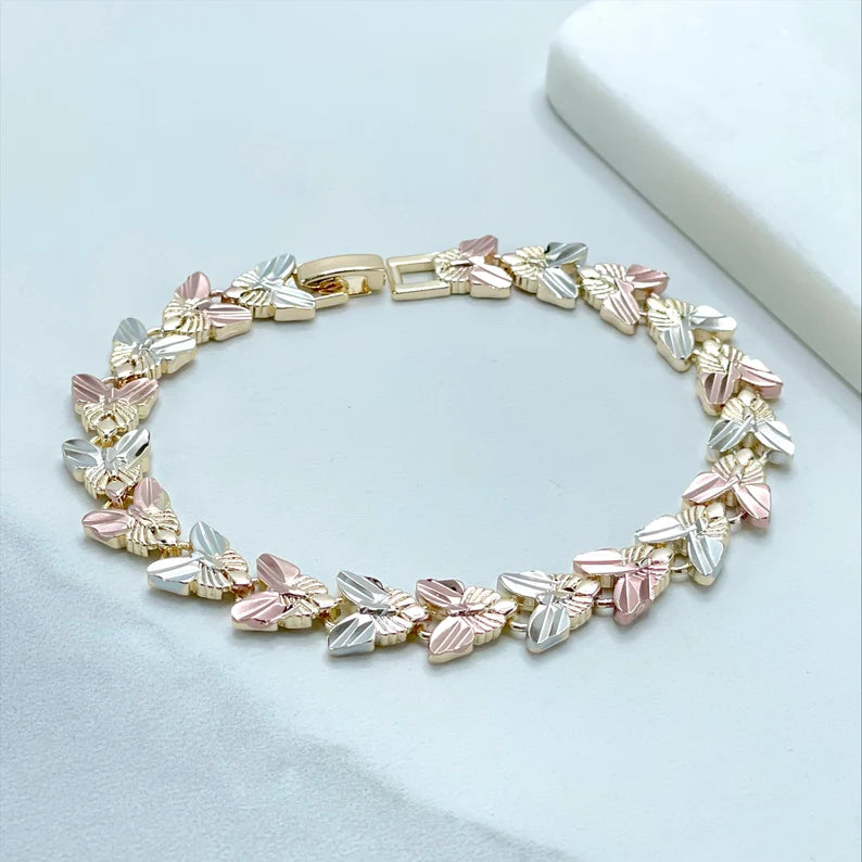 18k Gold Filled Three Tone Texturized Hearts 8 inches Bracelet