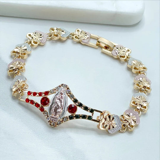 18k Gold Filled Three Tone Rose Hearts, Red, White and Green Zirconia, Guadalupe Virgin Bracelet